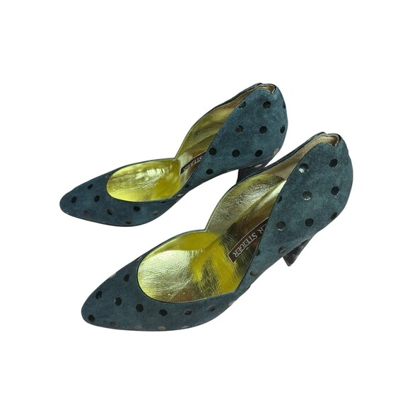 Walter Steiger Navy black Polka dots heel pump sz 7.5 B Handmade In Italy VTG - Picture 1 of 12